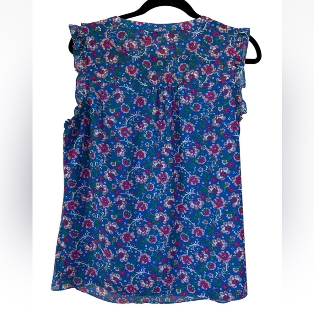 BODEN Blue Pink Floral Sleeveless Blouse Size US 12 Ruffle Bib Front Top Shirt - Picture 4 of 5